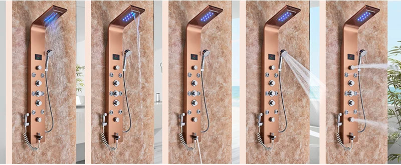 LED Light Bathroom Shower Panel Intelligent LCD Shower Column System with 6 Modes Rain Waterfall Massage Jet Bath Mixer Tap