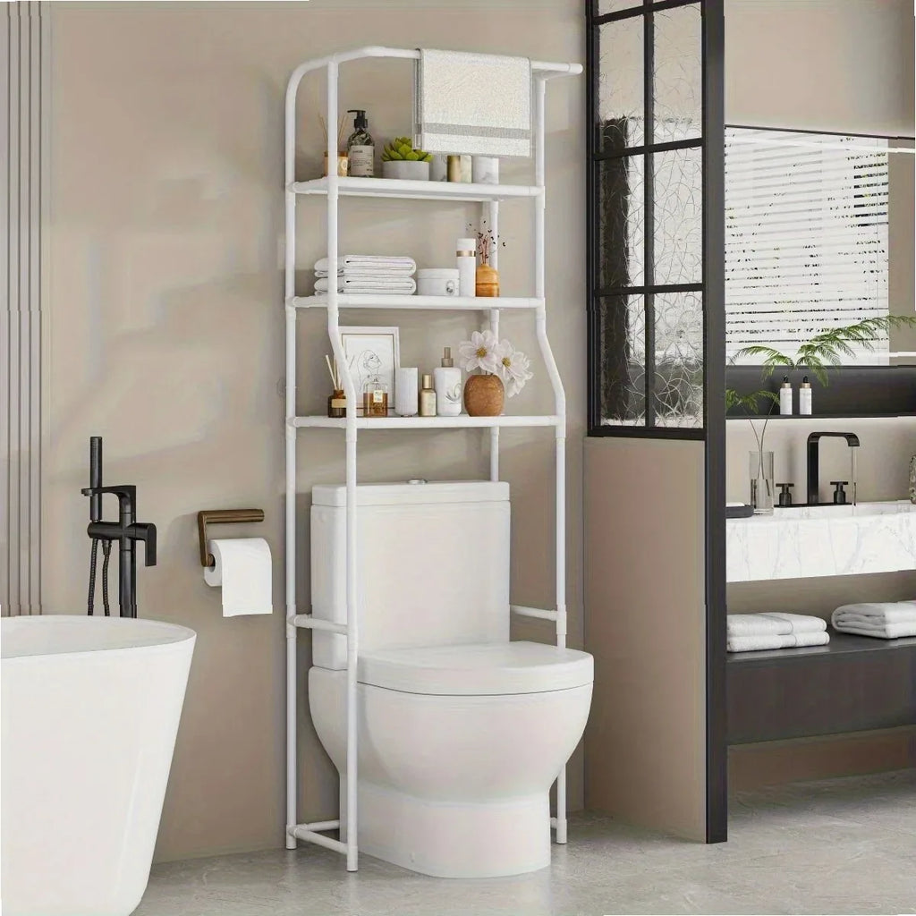 Multi-Layer Metal Storage Rack for Bathroom & Balcony, Washing Machine Shelf with Toilet Paper Holder, Space-Saving Organizer