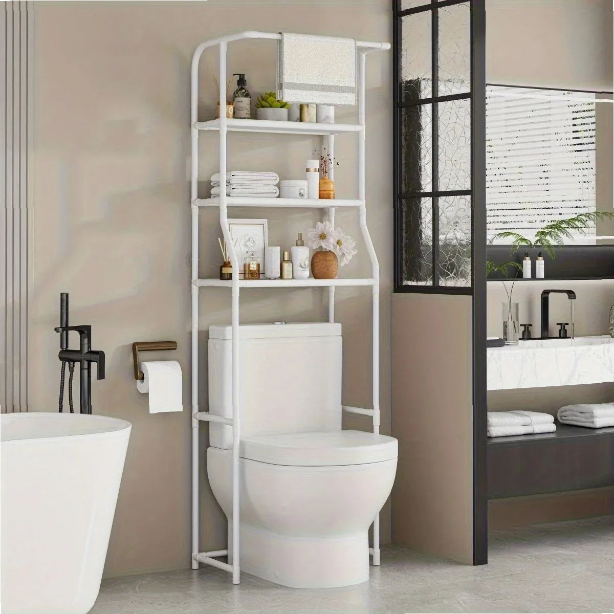 Multi-Layer Metal Storage Rack for Bathroom & Balcony, Washing Machine Shelf with Toilet Paper Holder, Space-Saving Organizer