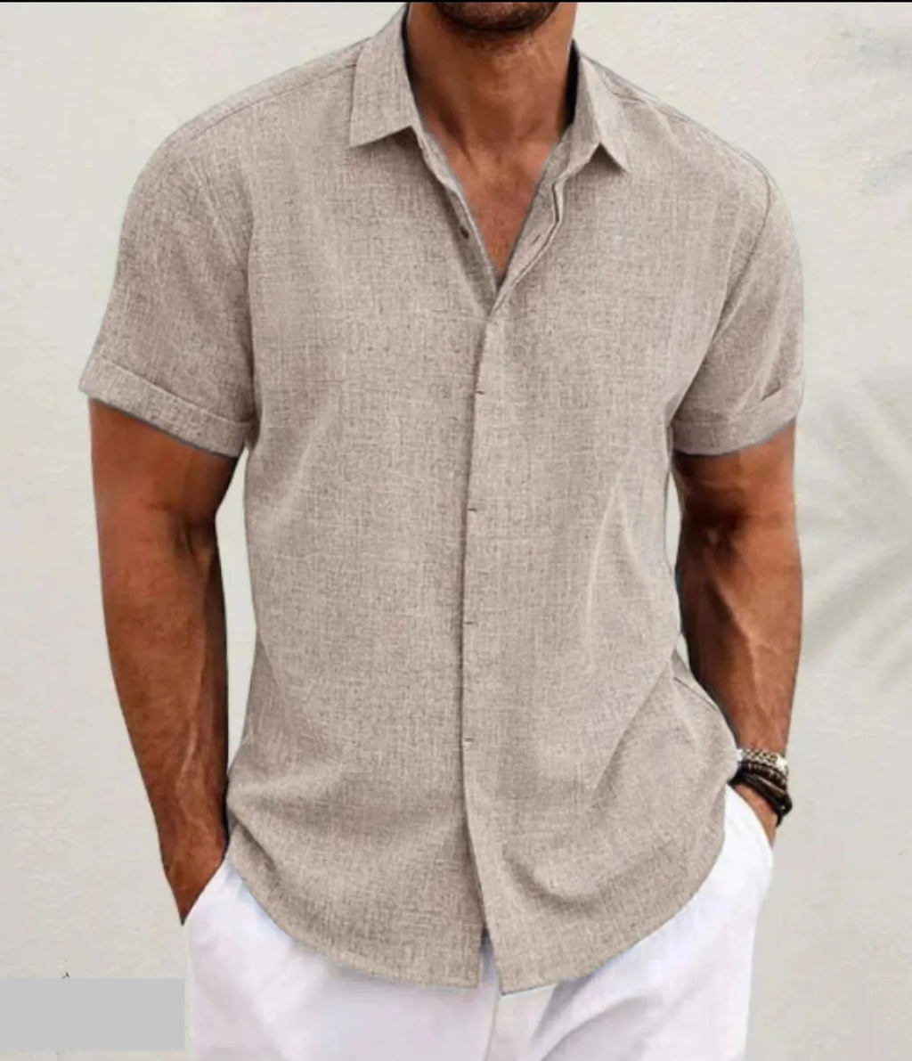 Men's Casual Beach Lightweight Linen Sve Shirt Color Standard Fit Short Sleeve Cleanfit PU Leather Inner Wear Pure Color