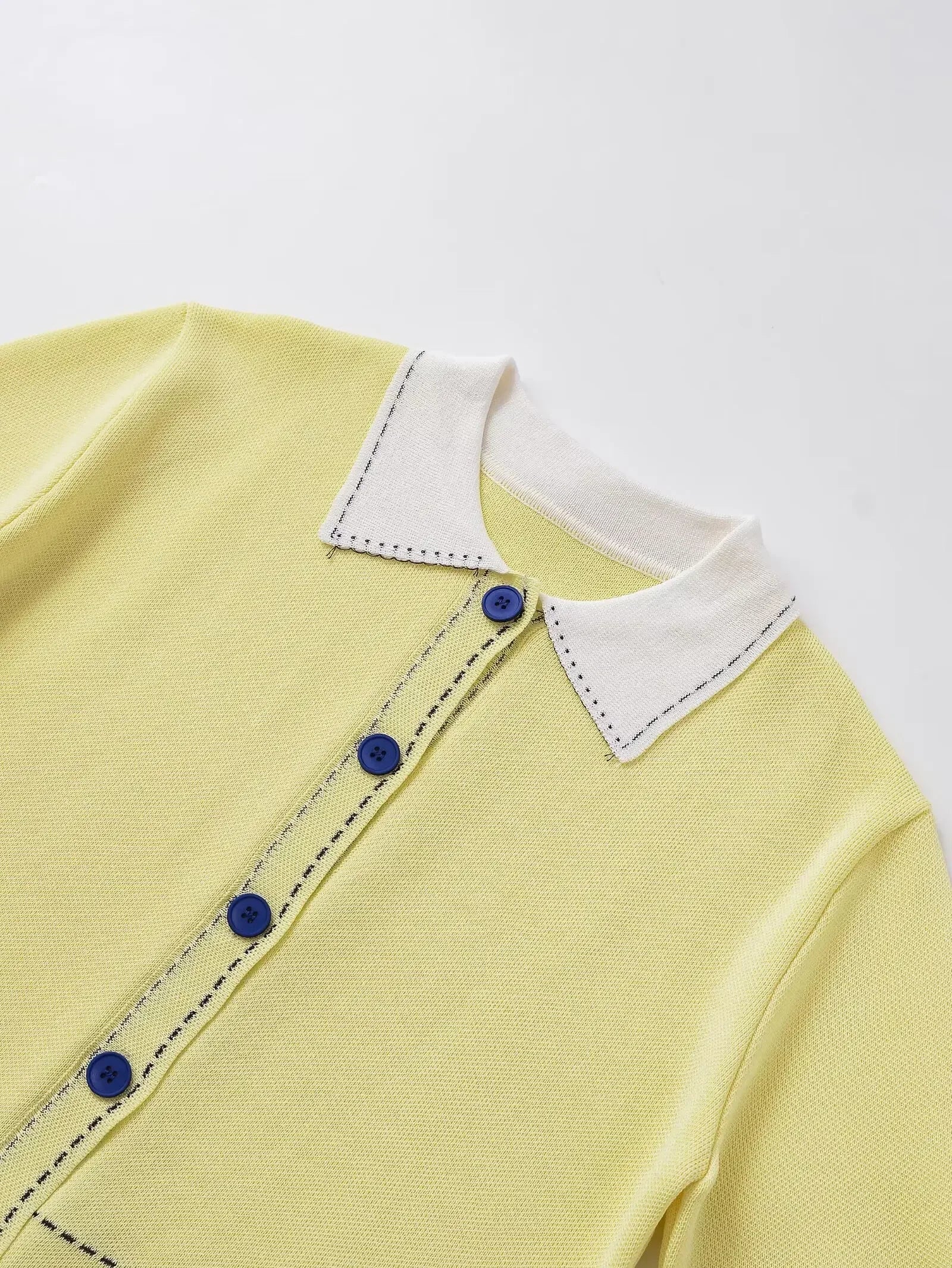 Casual Yellow Lapel Knitted Sweater Women Chic Short Sleeve Single Breasted Warm Pullover Lady Autumn Commute Street Outwear New