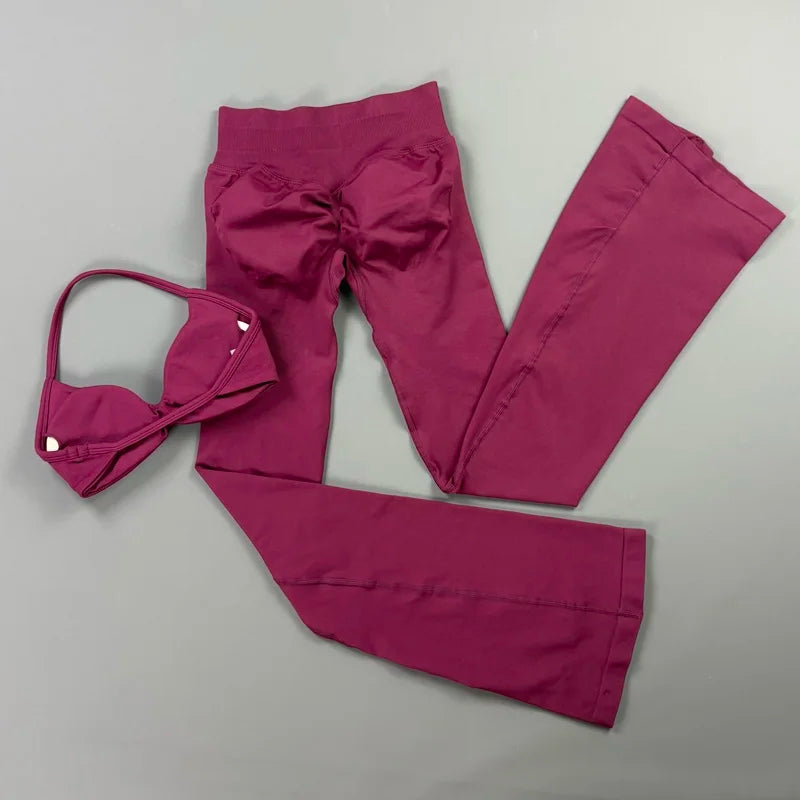 Sexy Women Flare Leggings Set Seamless Hip Lifting Fitness Flared Pants Suit Open Back Gym Strappy Bra Yoga Flares Legging Sets