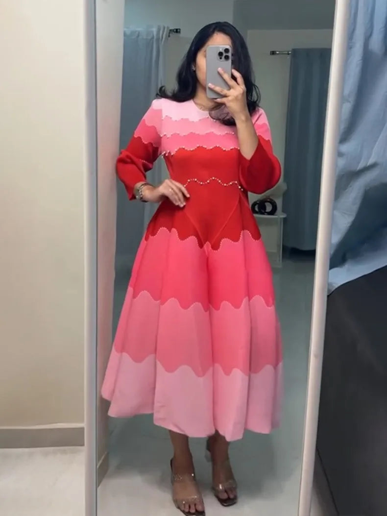 EGRM Pleated Party Dress Women's High Quality Beaded Color Block Long Sleeve Loose Fit Flared Maxi Evening Dresses 9R5303