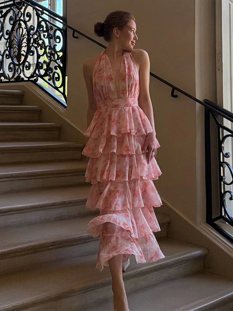 Floral Print Halter Neck Tiered Ruffle Dress Waist Cinched V Neck 2026 Summer Causal Women Vacation Irregular Layered Vestido