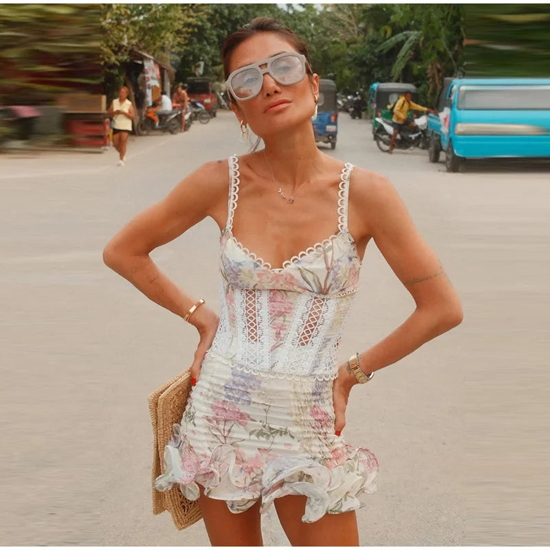 Women's Printed Dress V-neck Lace Hollow Out A-line Spaghetti Strap Pleated Lady Dresses 2026 Summer Chic Female Sexy Party Robe