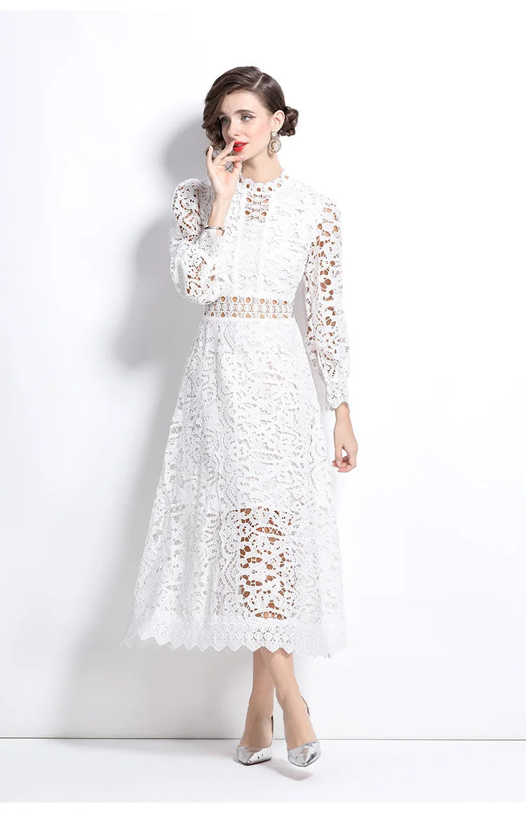 Solid Lace Holloe Out Slimming Elegant Dresses For Women Stand Collar Long Sleeve High Waist Minimalist Dress Female Fashion
