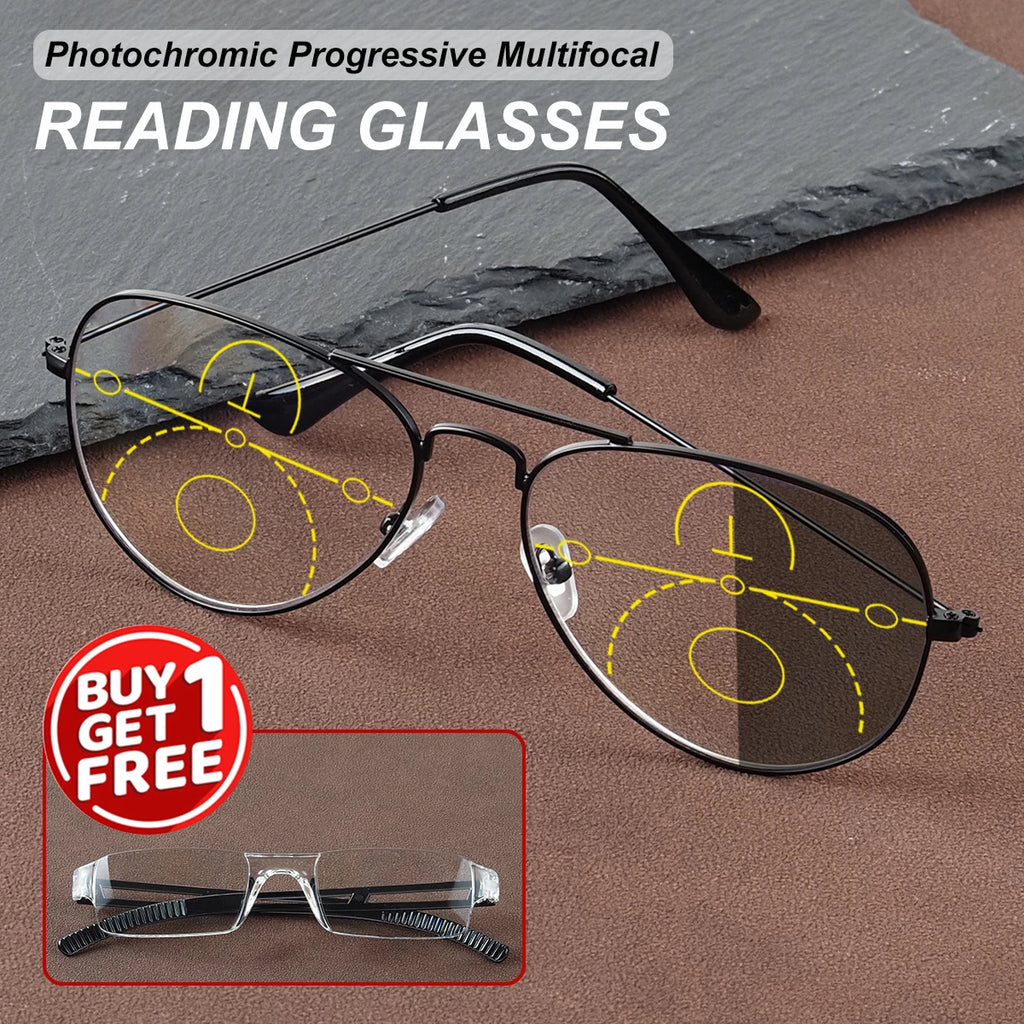 Photochromic, Progressive Multifocal Reading Glasses, Comes with 1 Free Integrated Presbyopic Glasses, Unisex Style.