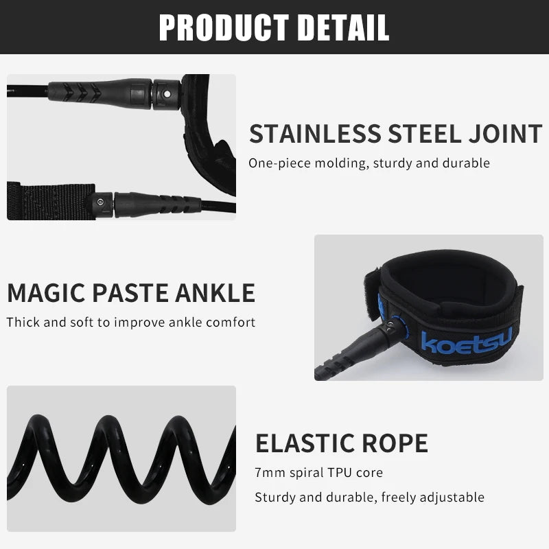 KOETSU Colorful Surfboard Accessories Foot Rope Safety Leash 7mm Adjustable TPU Material Rope for Stand Up Paddle Board