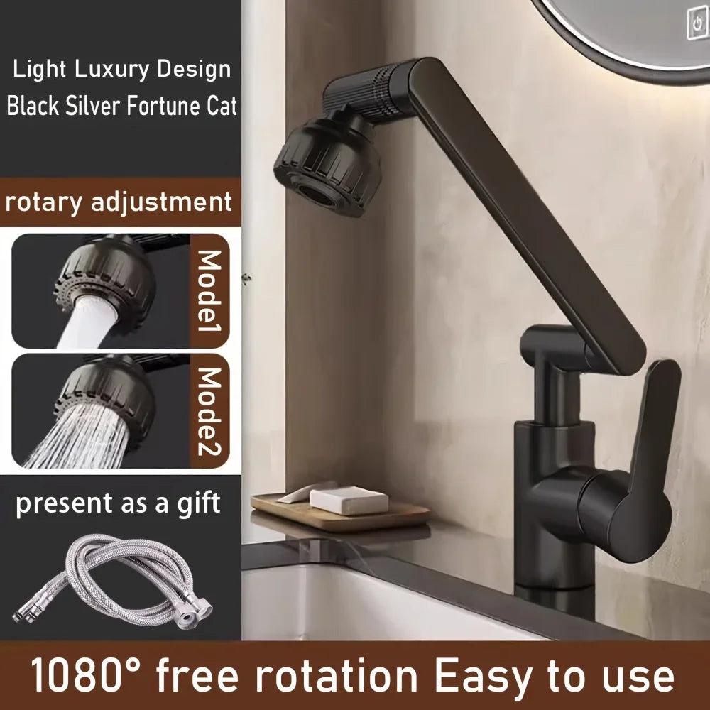 304 Stainless Steel 360° Swivel High Arc Splash Proof Single Hole Mount Bathroom Sink WaterSaving Kitchen Faucet 2 Spray Modes,