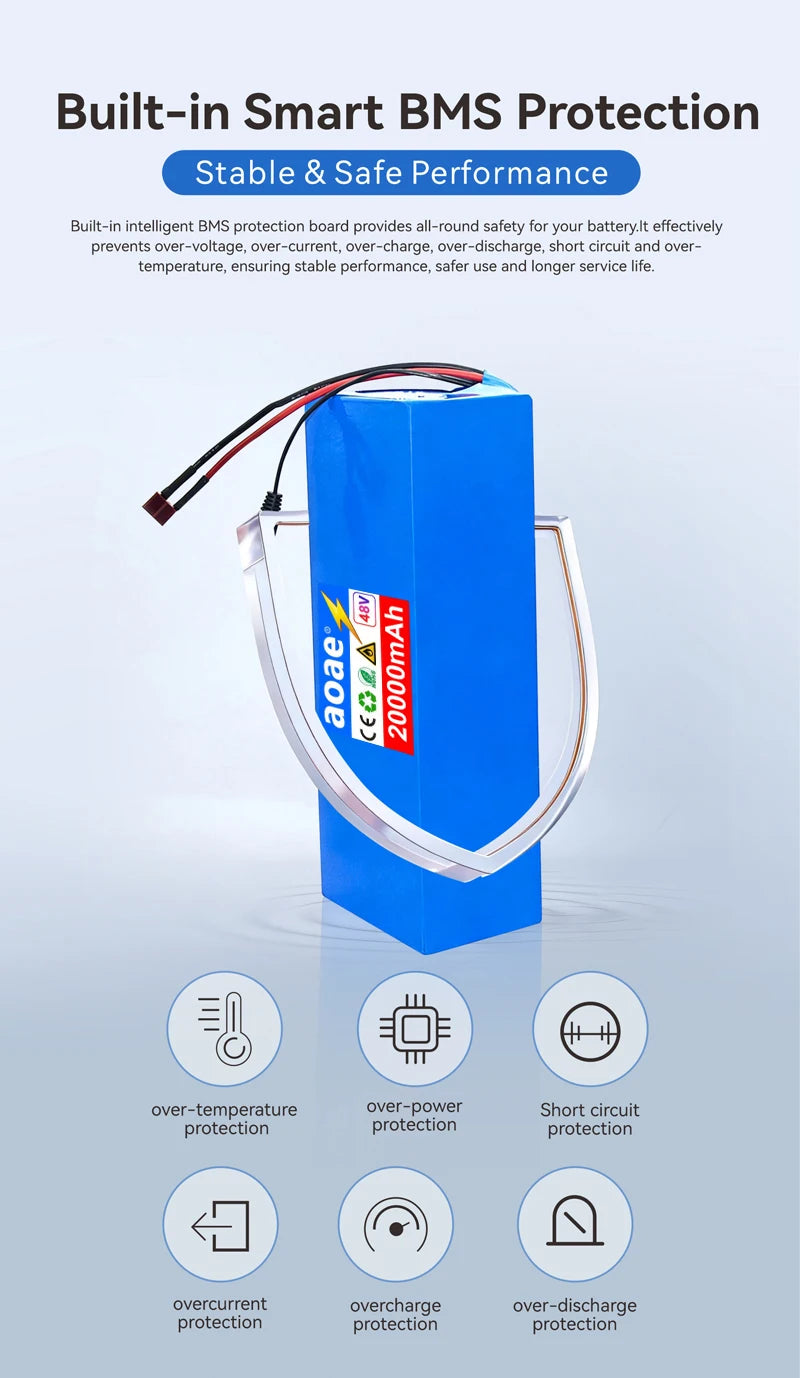 48V Electric Scooter Battery 13S5P 20Ah 18650 Grade-A Cells 2000W Built-in BMS XT60 JST High Capacity Long Range Safe & Durable