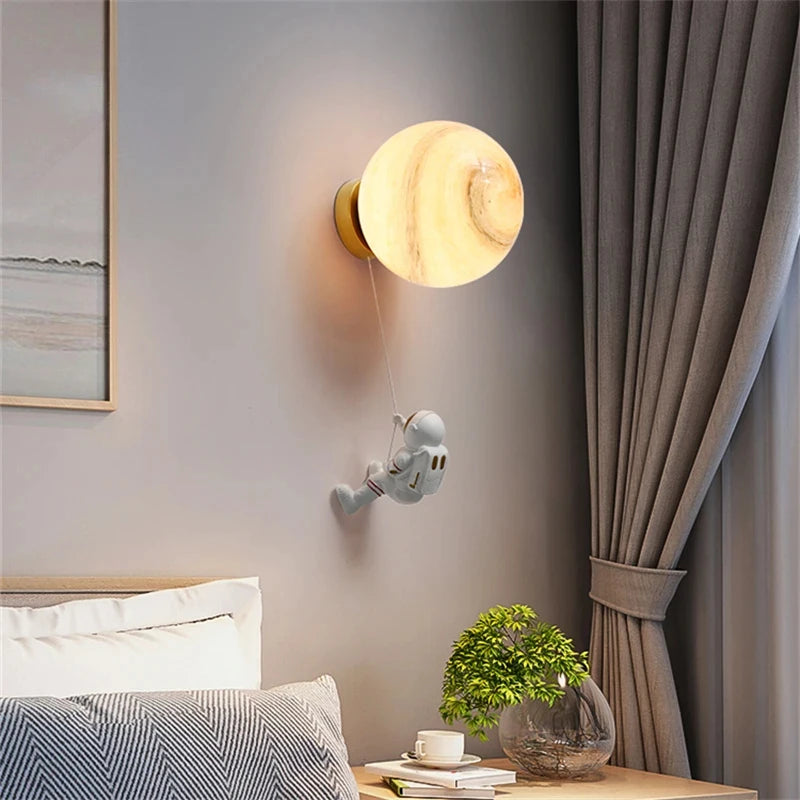 Modern Astronaut Wall Lamp Natural Alabaster Planet LED Sconce Kids Bedroom Astronaut Nursery Decor