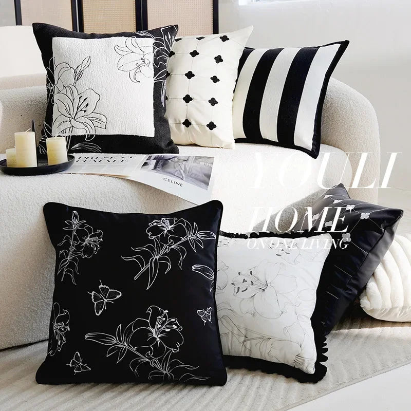 45x45/30x50cm Black White Embroidered Pillow Cover Decorative Cushions Pillow Covers Decorative Modern Light Luxury Sofa Decor