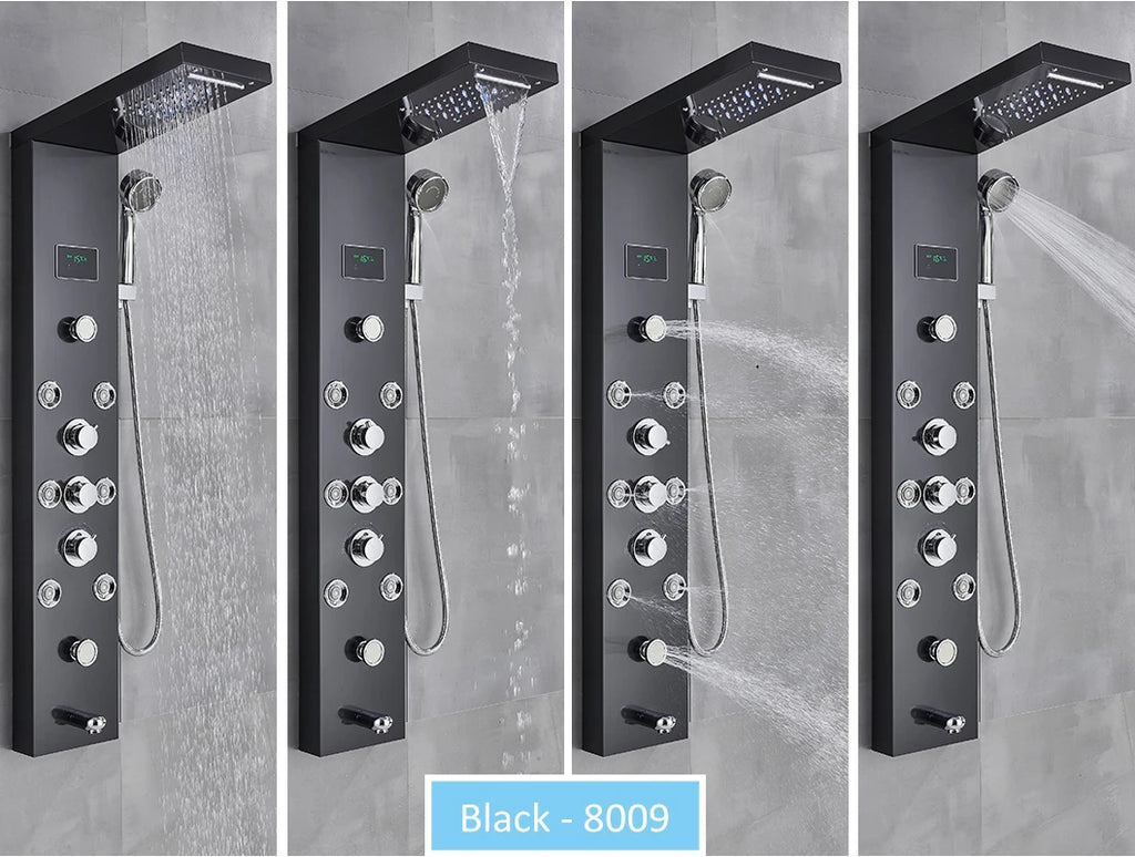 LED Shower Panel Tower System Rain Waterfall Shower Column Hydroelectricity LCD Display With Massage Body Spa Bath Shower Faucet