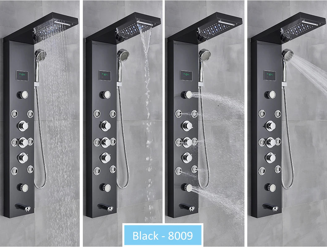 LED Shower Panel Tower System Rain Waterfall Shower Column Hydroelectricity LCD Display With Massage Body Spa Bath Shower Faucet