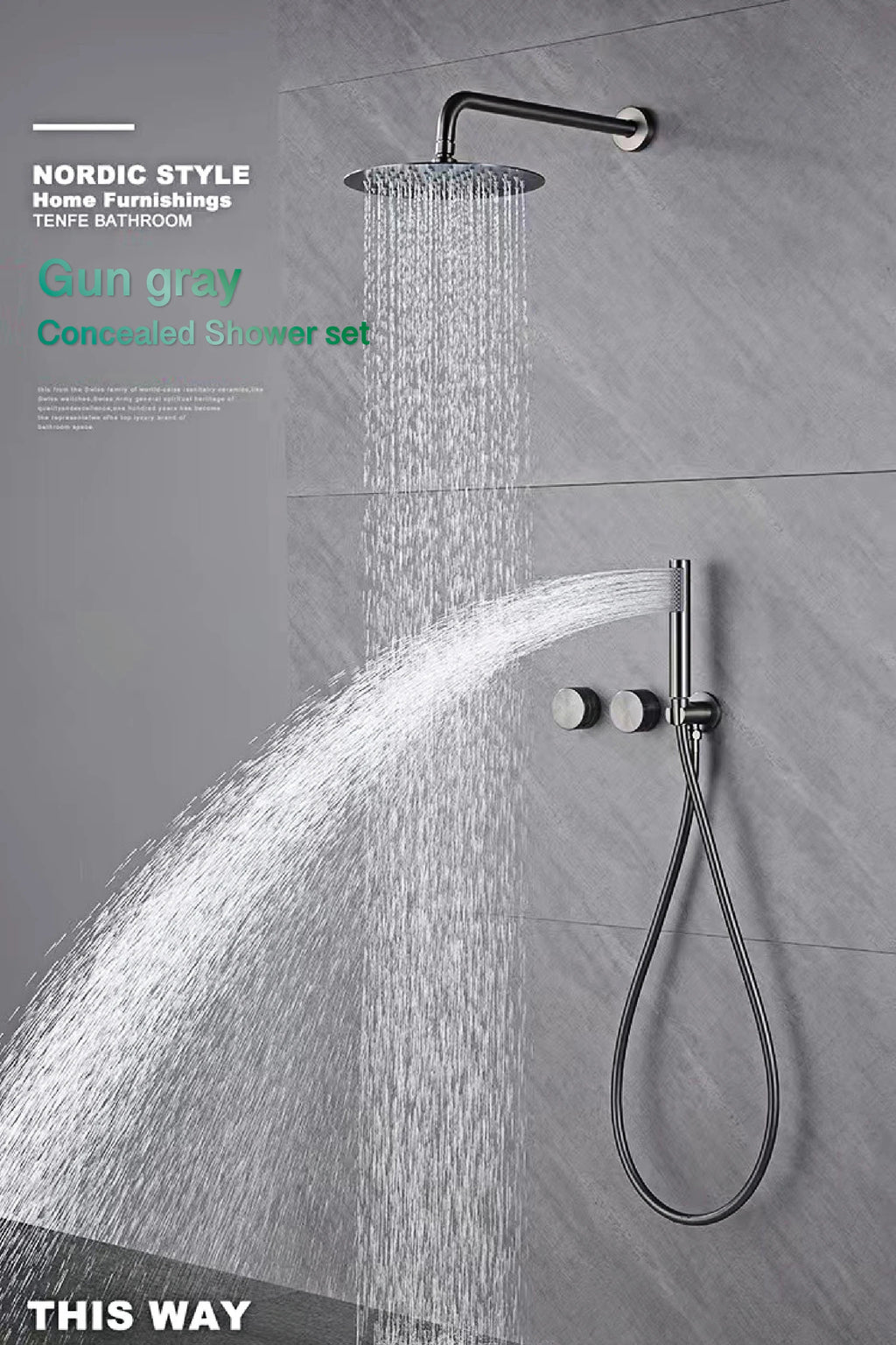 Luxury Gun Gray Brass Wall Mounted Shower System with Embedded Design, Dual Handle Hot and Cold Water, Simple Bathroom Faucet