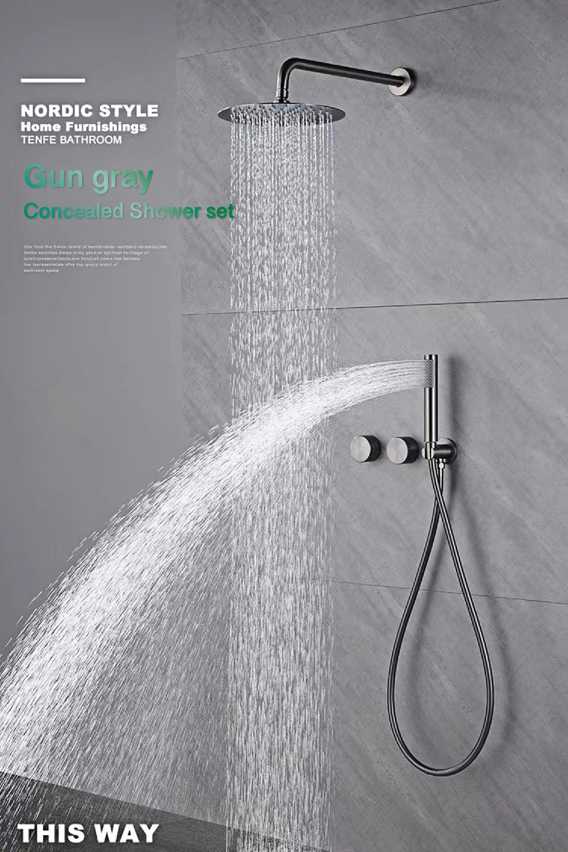 Luxury Gun Gray Brass Wall Mounted Shower System with Embedded Design, Dual Handle Hot and Cold Water, Simple Bathroom Faucet