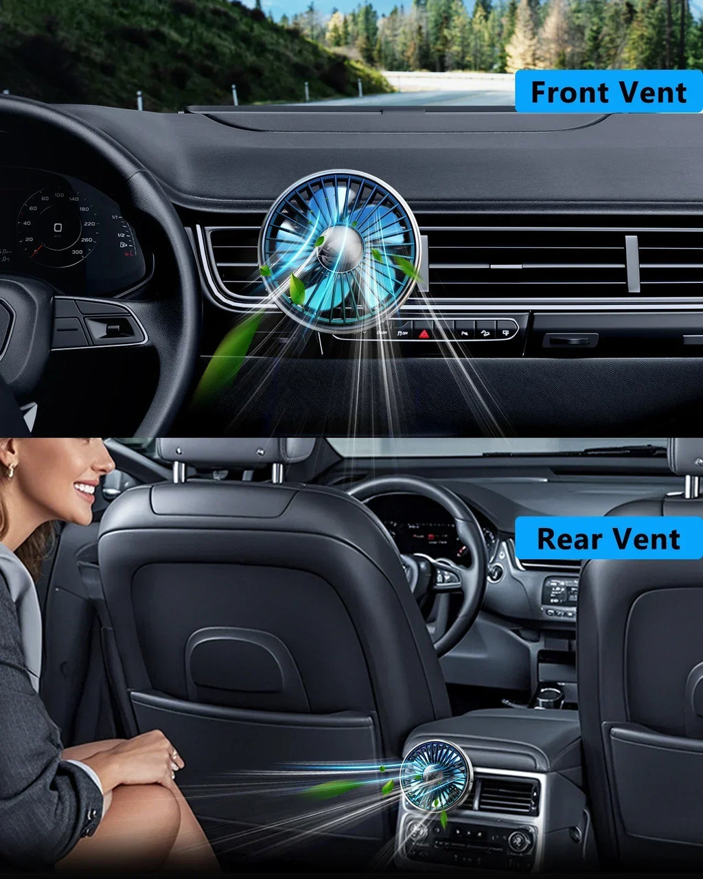 Car Air Vent Fan with Colorful Breathing Light USB Powered 3 Speed Wind Cooling Fan 360° Rotatable Quiet Fan Car AC Fans