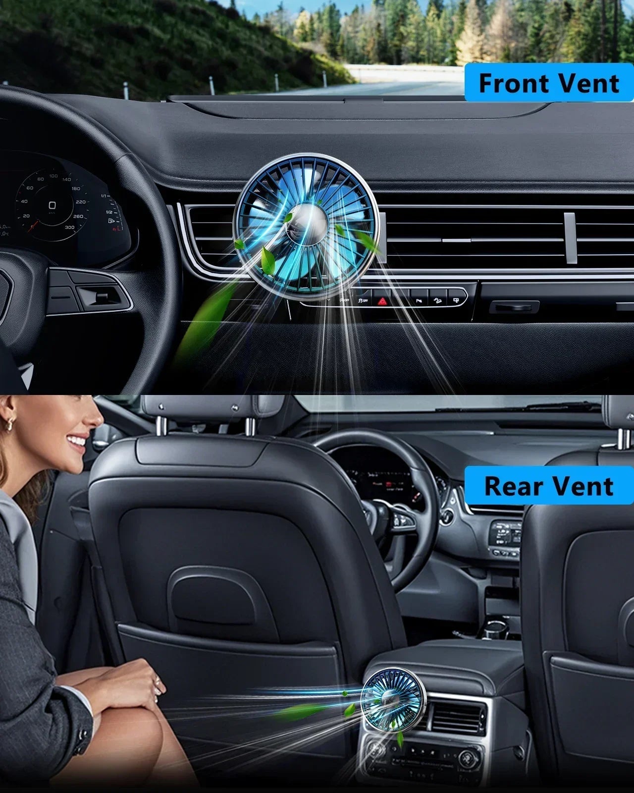 Car Air Vent Fan with Colorful Breathing Light USB Powered 3 Speed Wind Cooling Fan 360° Rotatable Quiet Fan Car AC Fans