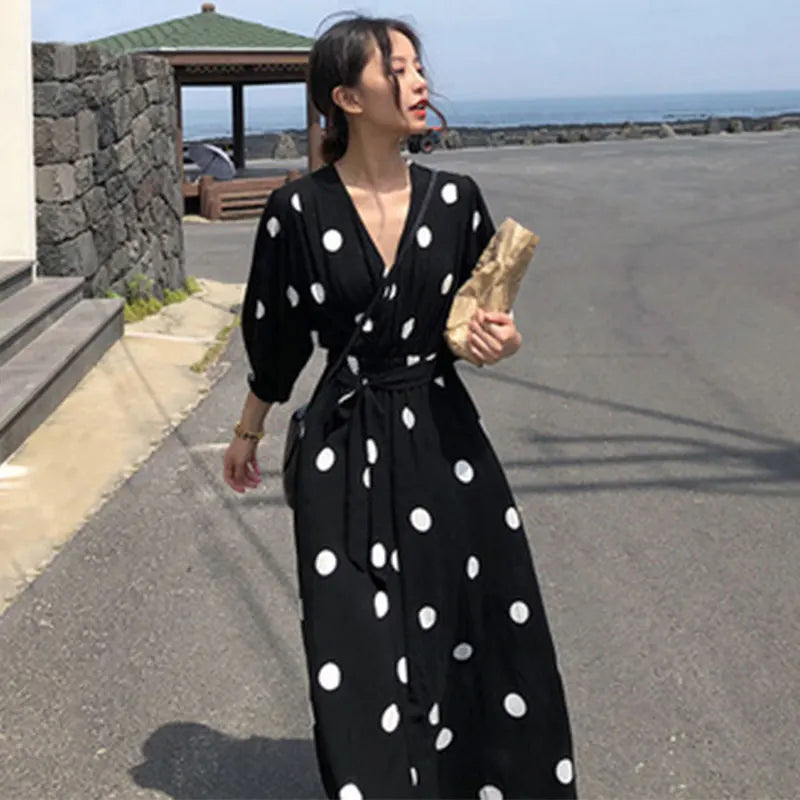 plus Size Polka Dot Chiffon Dr Romantic Slimming Long Skirt V Ne Elastic Waist Summer Faionable Casual Vintage Sle
