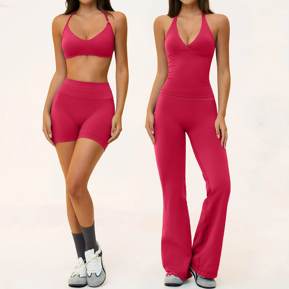 Seamless Yoga Suit 2PCS Women Tracksuit Sports Outfits Gym Workout Clothes Breathable Sports Bra Flared Pants Suit Yoga Clothing