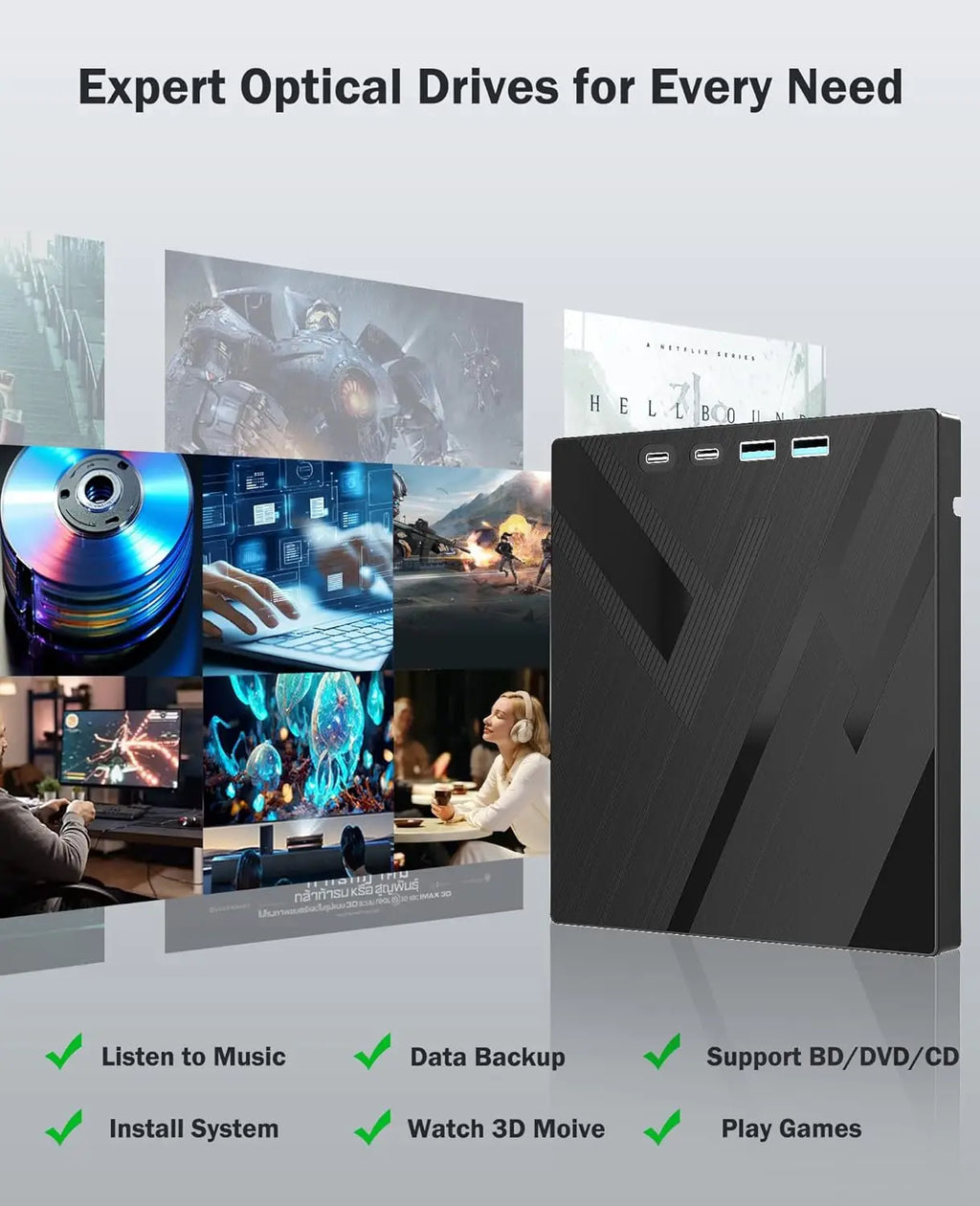 7 in 1 External Bluray Optical Drive for Laptop PC USB 3.0 Type-C BD DVD CD-RW Player Portable Burner with SD/TF Card Slot