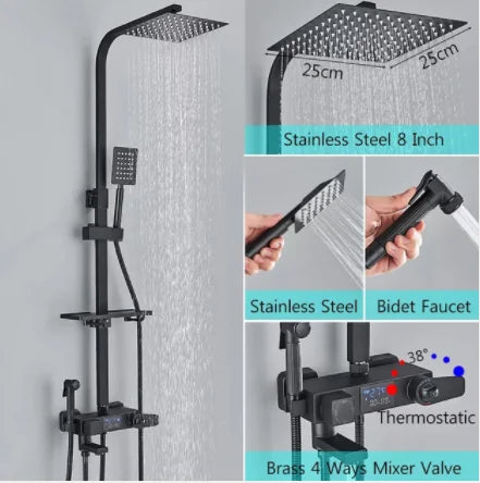 Chrome/Black Thermostat Shower Set Faucet 4 Ways Bathroom Faucet Rainfall Mixer Tap Digital Display Shower Set System Bathroom