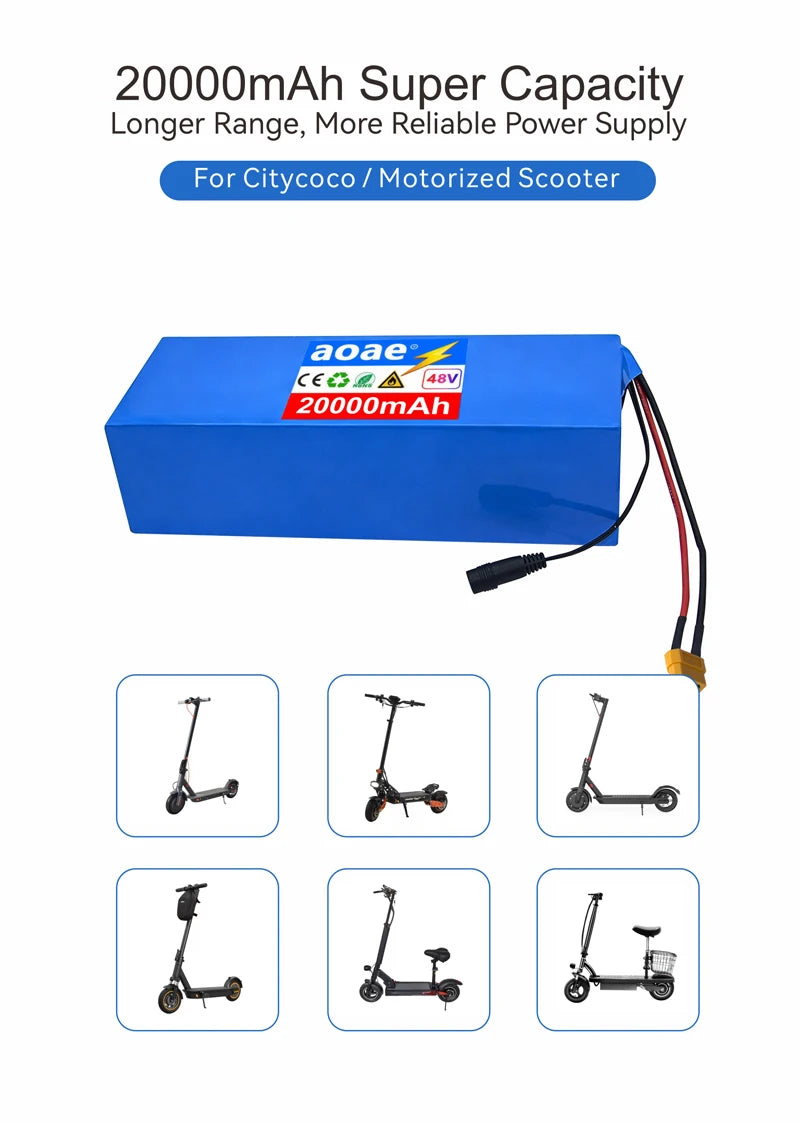 48V Electric Scooter Battery 13S5P 20Ah 18650 Grade-A Cells 2000W Built-in BMS XT60 JST High Capacity Long Range Safe & Durable