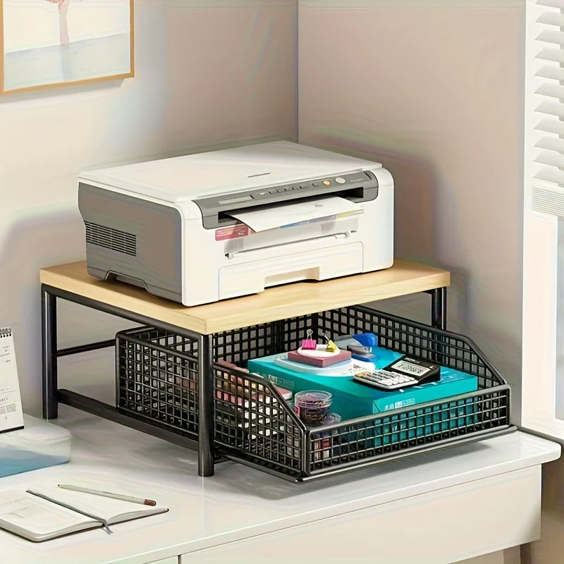 Space-Saving Kitchen Countertop Organizer Made of Sturdy Hardwood with Drawer and Wire Basket for Coffee Maker