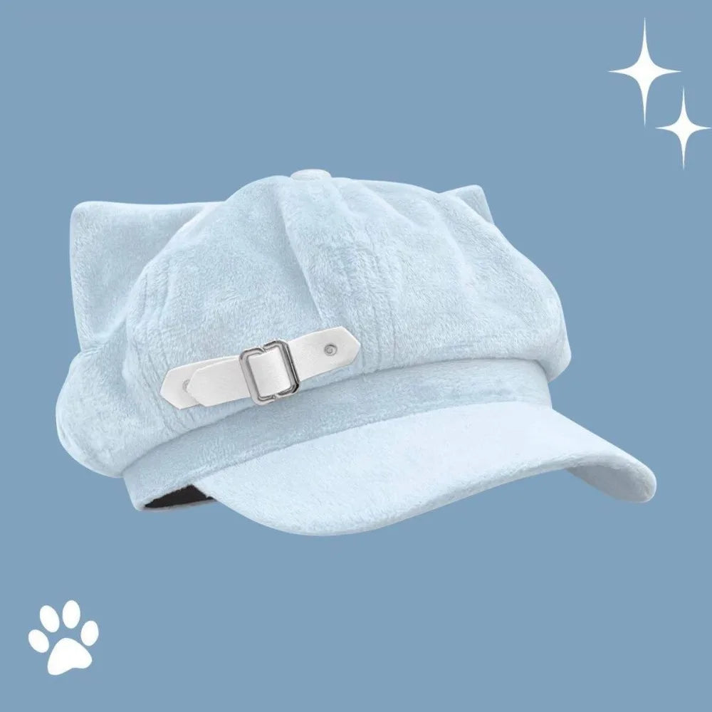 Cute Cat Ears Women's Beret Anime Cat Paw Pattern Newsboy Cap Japanese Style Sweet Baseball Cap Everyday Outfits