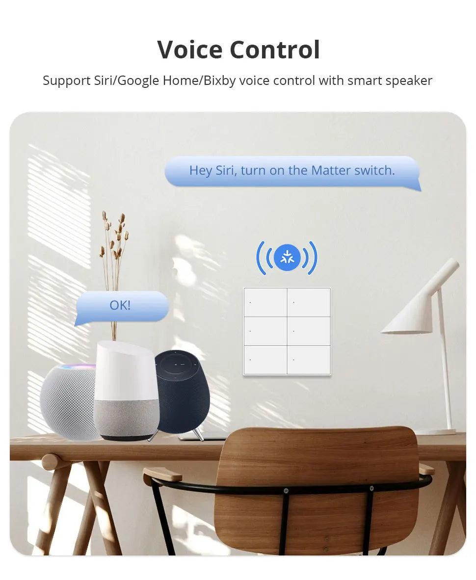 Zemismart Matter WiFi 6 Gangs Smart Wall Light Switch with Neutral 4x4 Push Button Switches SmartThings Homekit App