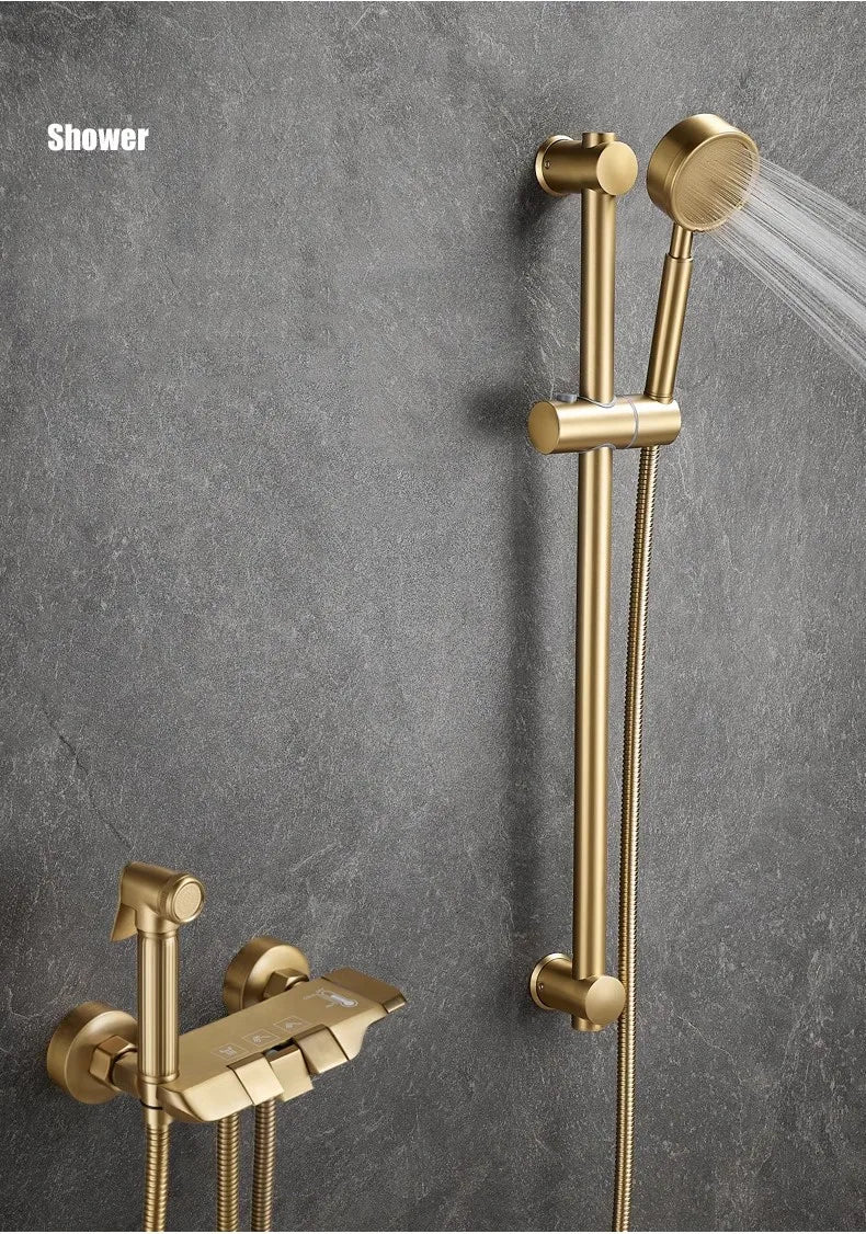 Tuqiu Brushed Gold Bathroom Shower Faucet Set Wall Mounted Shower Faucet, Bathroom Cold and Hot Bath and Shower Mixer Taps Brass