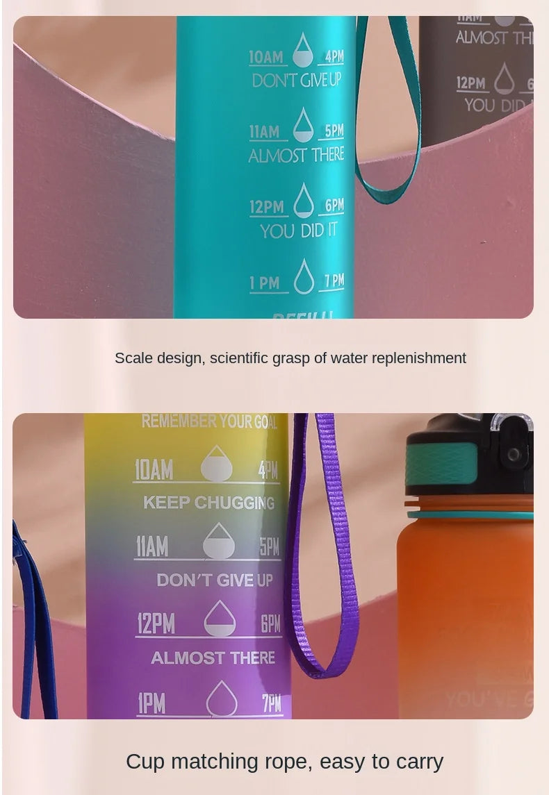 1pc 1000ml Large Capacity Gradient Water Bottle,Water Bottle with Straw 1 Litre Leakproof with Time Marker,for Sports Fitness