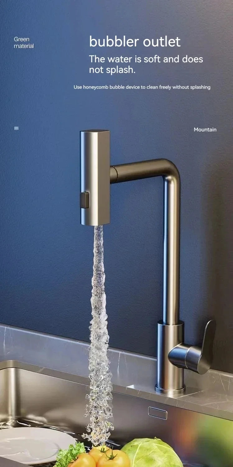 Kitchen Pull-out Flying Rain Waterfall Faucet Hot and Cold Faucet 304 Stainless Steel Single Hole Kitchen Faucet Bathroom