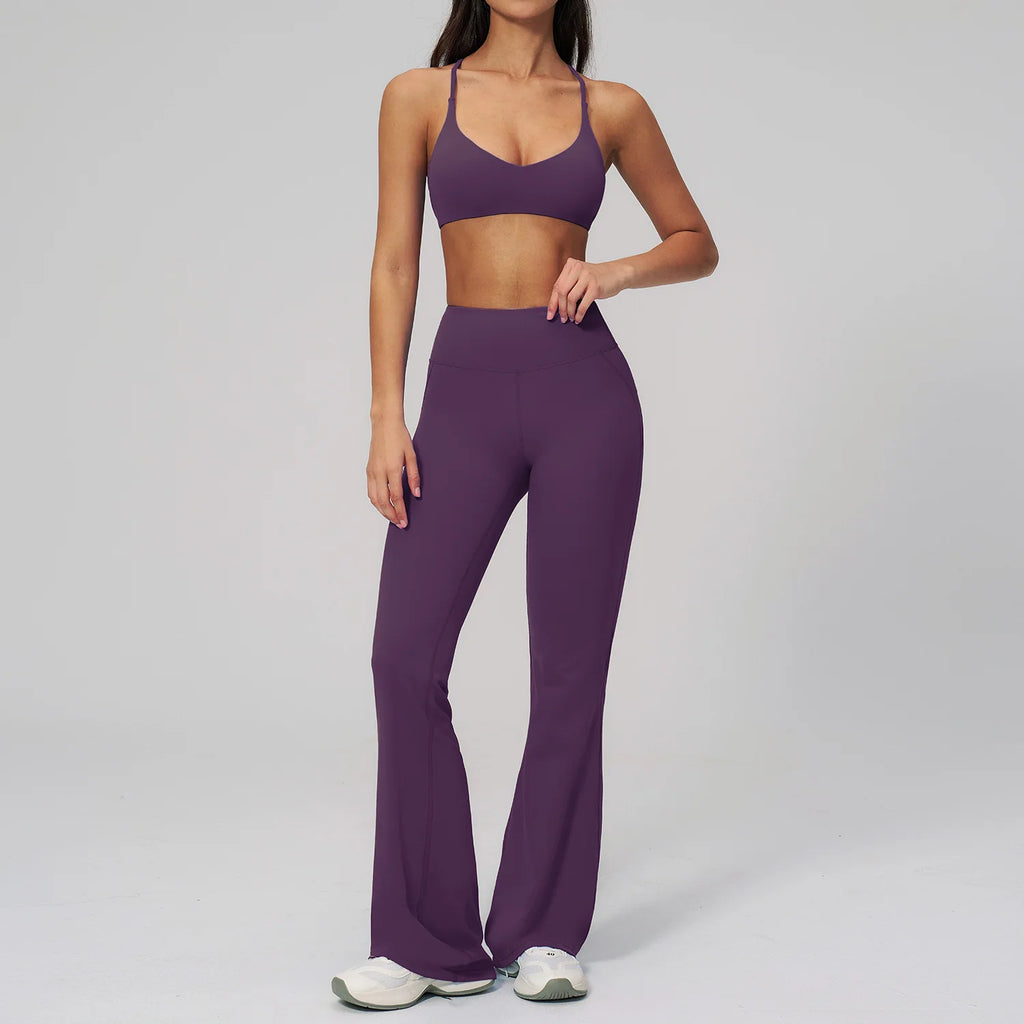 2PCS Flared Pants Yoga Set Women's Tracksuits Gym Fitness Outfits Sports Sets Female Shockproof Sports Bra Yoga Workout Clothes