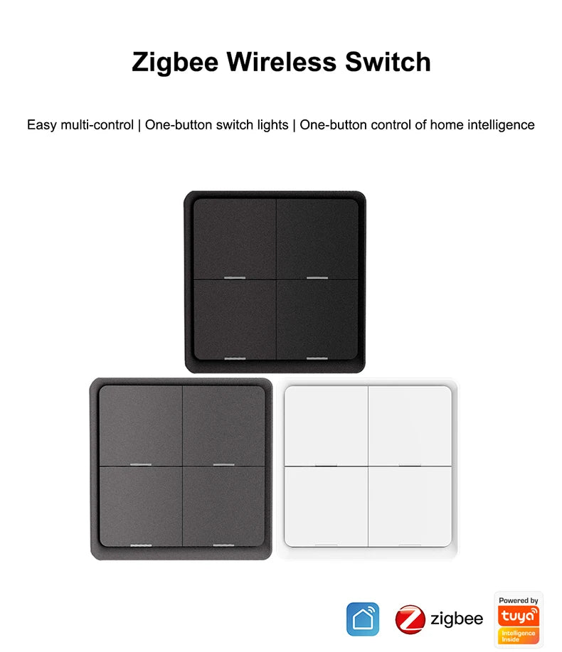ZigBee Tuya Smart Wireless Button Switch 1/2/3/4 Gang Wiring Free Wireless Scene Switch Battery Powered Can Through Wall Control