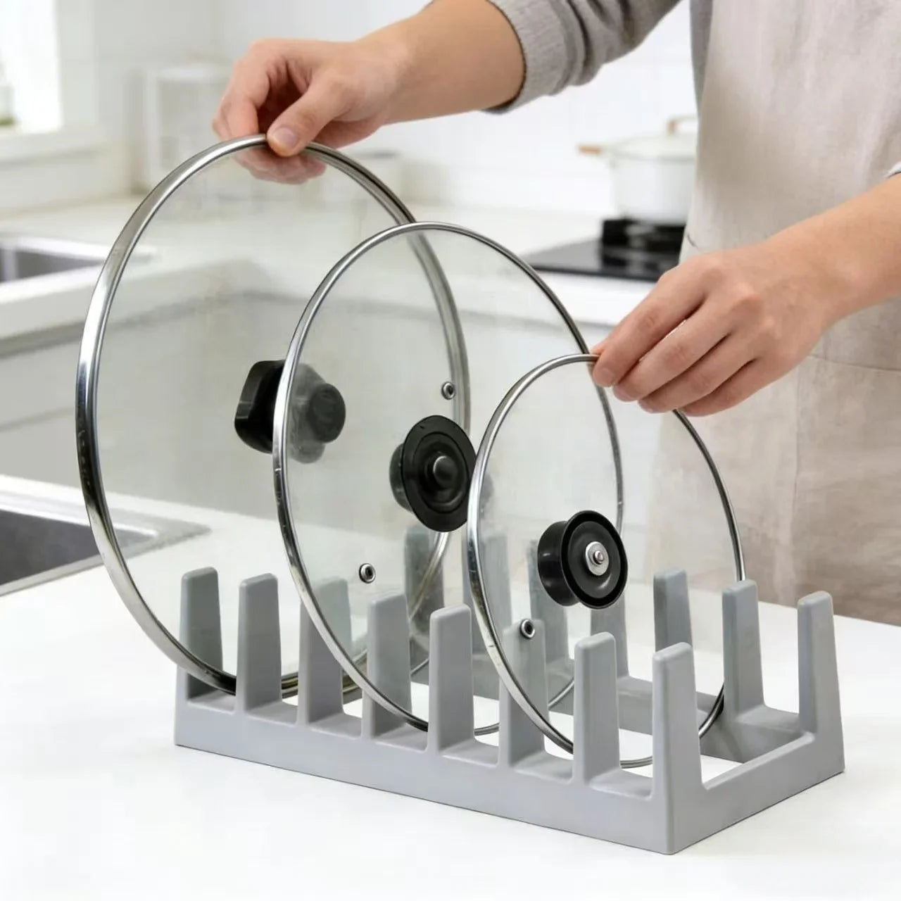 Multifunctional Divided Organizer Rack, Pot Lid Holder, Cutting Board Stand & Desktop Bookshelf for Kitchen & Study
