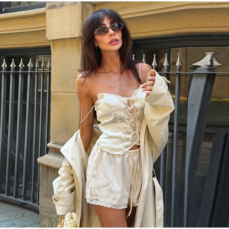 Women Elegant Lace Long Pant Set Square Neck Sheer Ruffle Hem Crop Cami Top High Waist Wide Leg Trousers 2026 Summer Chic Suit