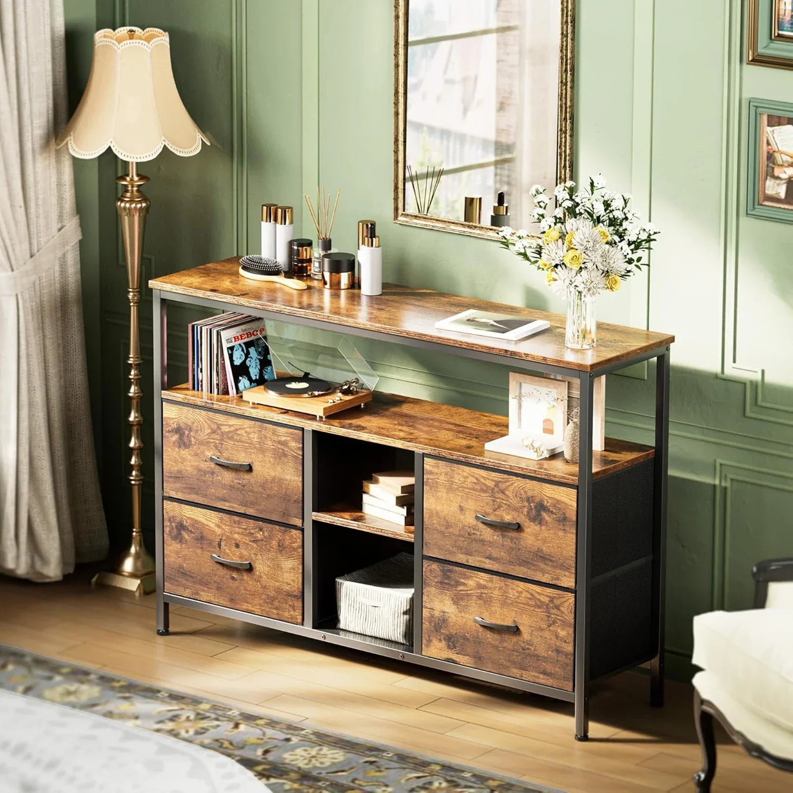 Rosahqnda TV stand with 4 drawers, TV cabinet, , adjustable shelves, TV table, TV cabinet living room furniture