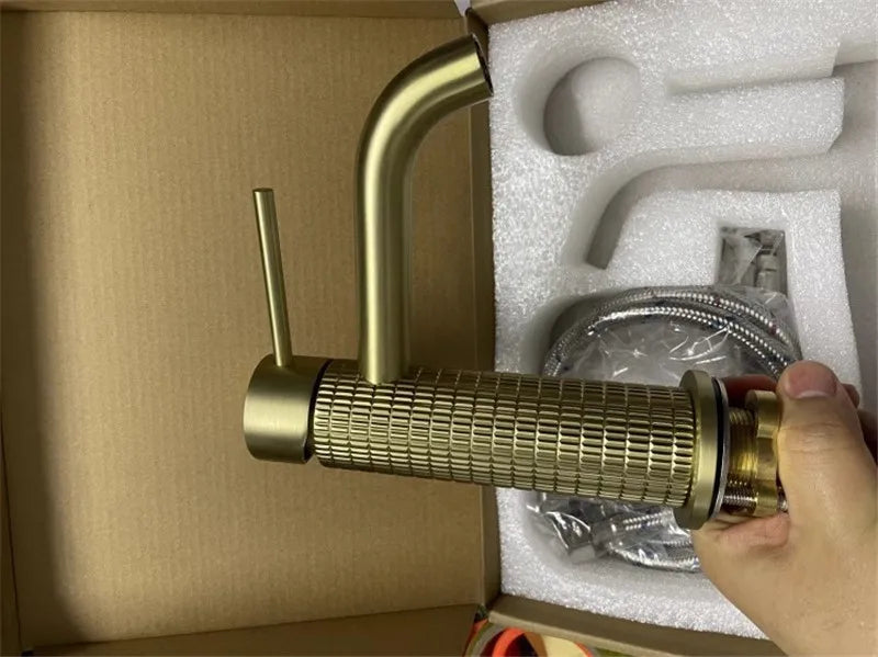 Brushed Rose Gold Bathroom Faucet Brushed Gold Basin Faucet Art Carved Sink Tap Hot & Cold Grey Lavatory Faucet Crane Water Tap