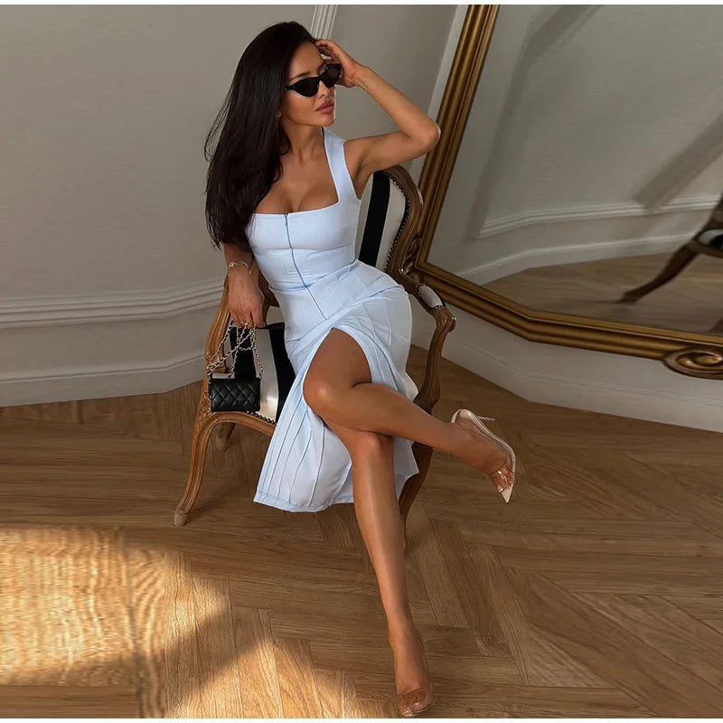 Camisole Women's Dress U Neck Zipper Dress Fitted Waist Split Long Dress Elegant Stylish Wear Date Party Outfit