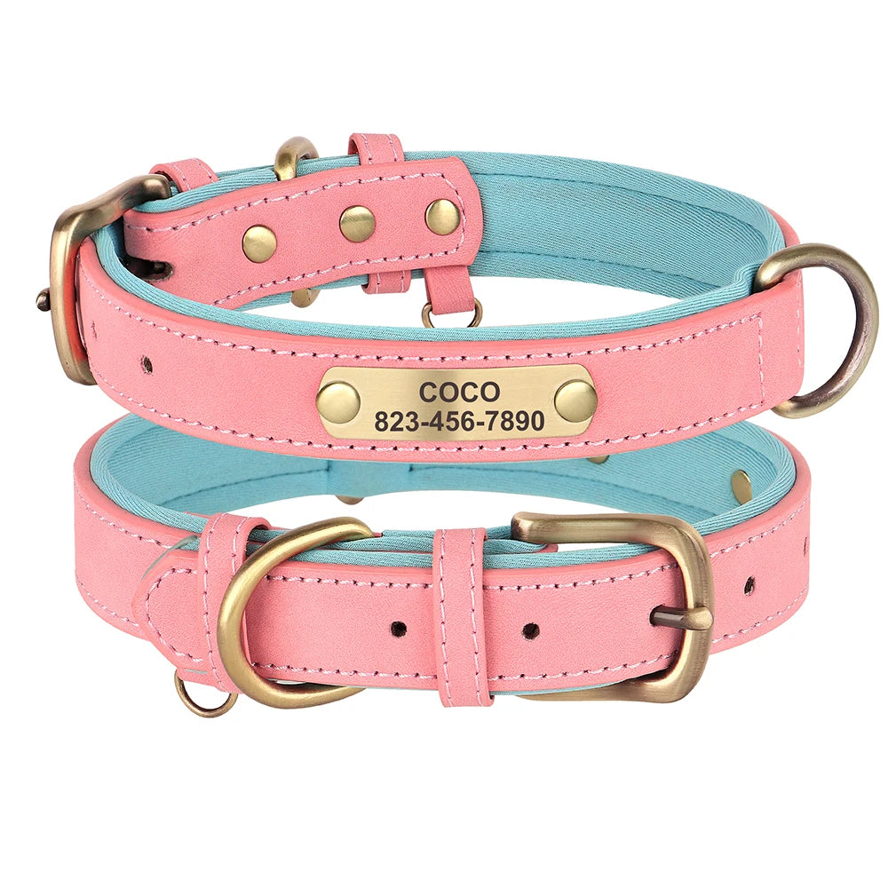 Free Custom Dog Collar Soft Padded Dogs Collars Personalized PU Leather Pet Necklace Adjustable for Small Medium Large Dogs Pug