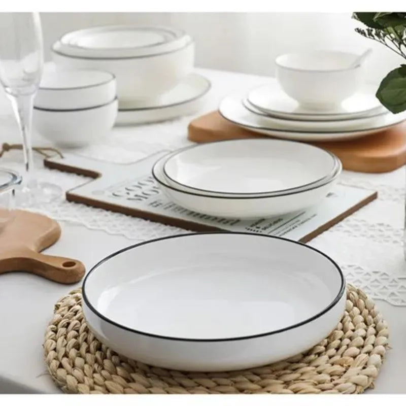 White With Black Dinner Plate Set Ceramic Serving Tray Food Dishes Rice Salad Noodles Bowl Soup Kitchen Dinnerware