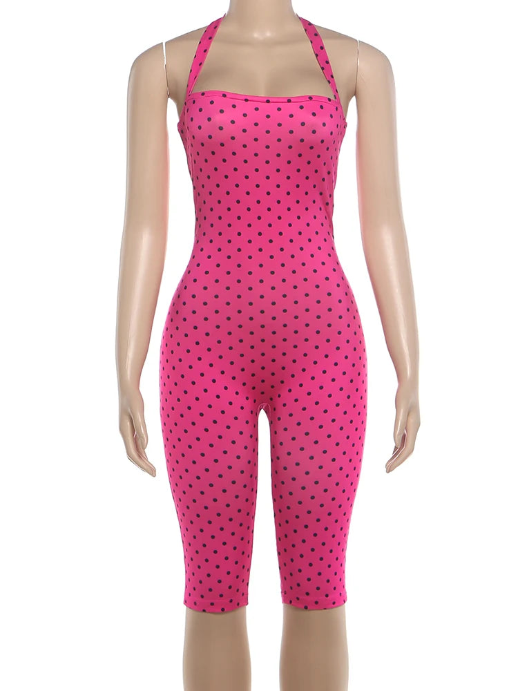 Weird Puss Sexy Backless Rompers Woman Polka Dot Print Bandage Halter Sleeveless Skinny Peach Hip High Street Fashion Playsuits