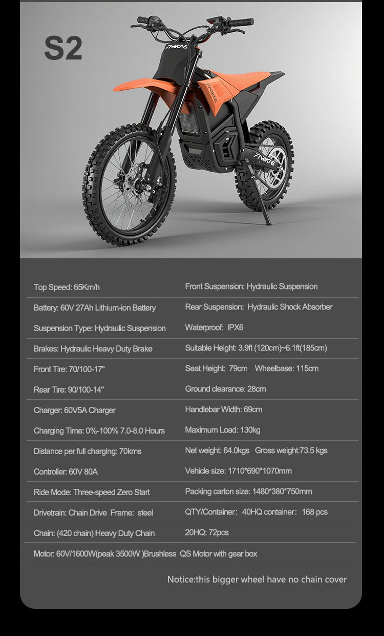 Dropshipping Electric Motocross Bike 60V 27AH 1600W,40Mph,37 Miles,Urban Commuting Front 17";Rear 14" Off-Road Electric Bike