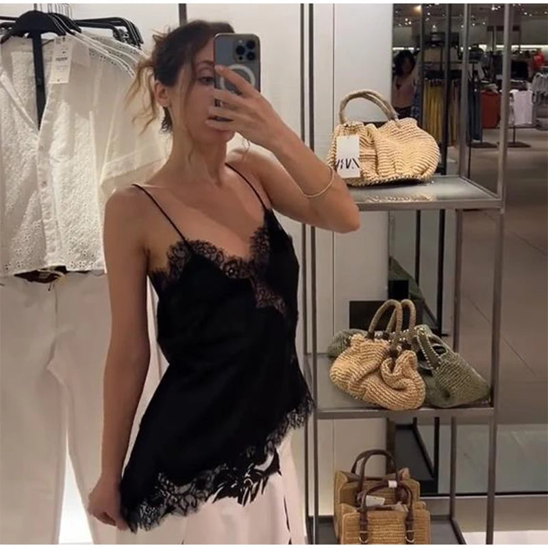 Contrast Black Trim Satin Cami Maxi Dress Deep V Neck Loose Flowy Ruffle Hem Lady Long Gown 2026 Summer Formal Vacation Dresses