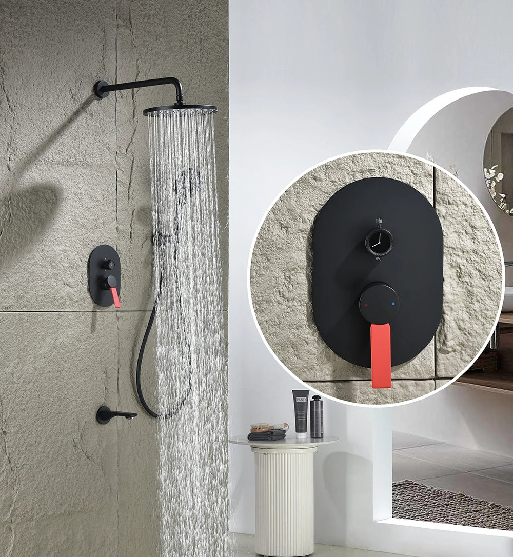 High End Matte Black Concealed Rain Shower System Modern Bathtub Thermostatic Shower Set 3 Modes Rainfall Bathroom Shower Faucet