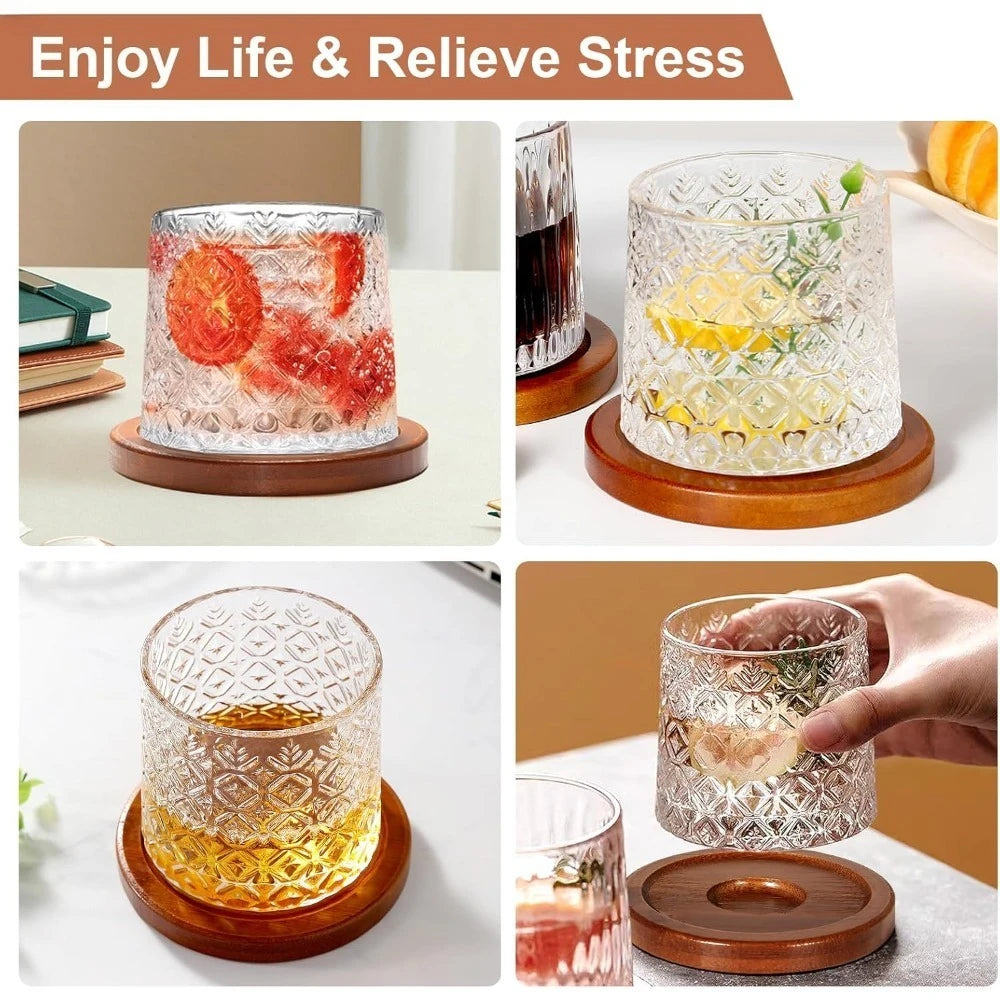9 Oz Crystal Whiskey Tumbler Swivel Old Fashioned Glass with Round Wooden Coaster for Family Gatherings Cocktail Party Bar
