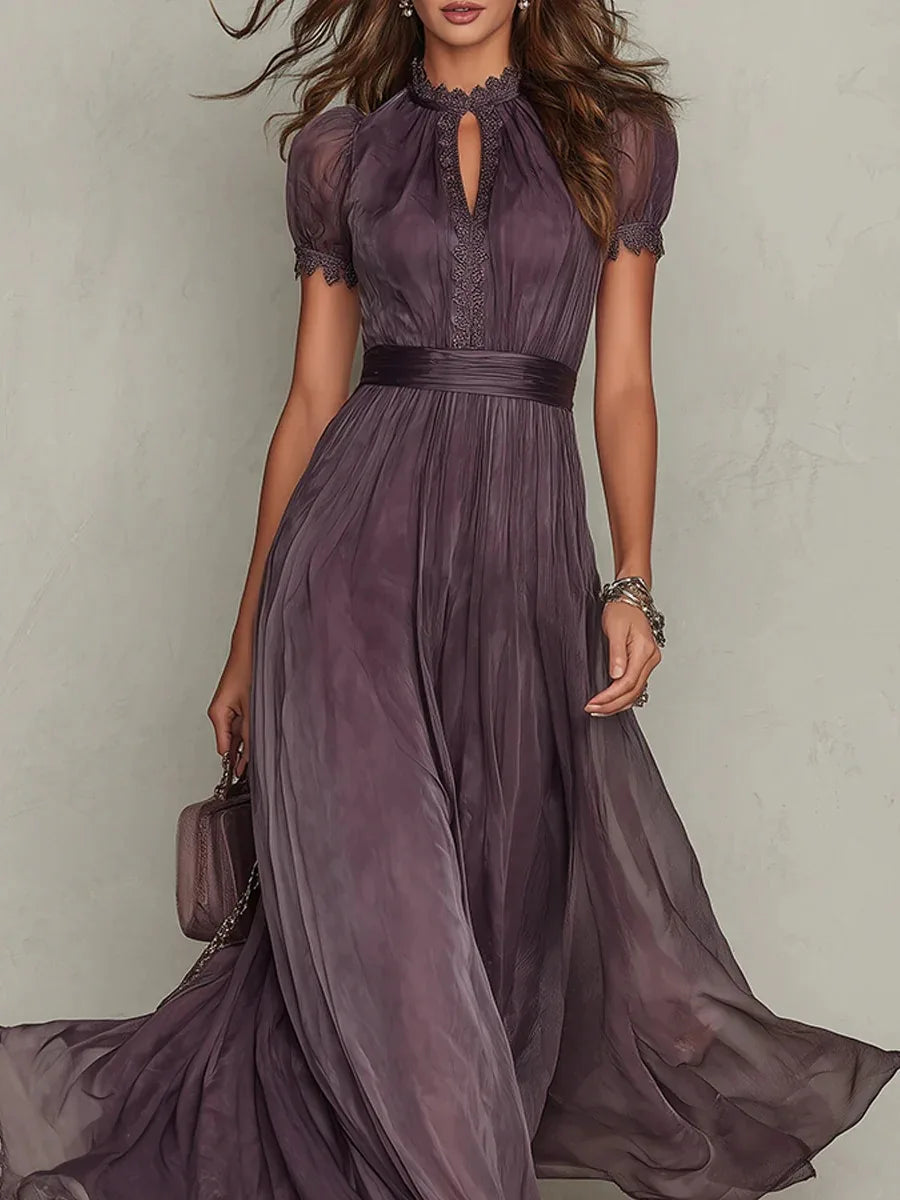 Vintage Spliced Hollow Out Dinner Maxi Dress for Women Stand Collar Lantern Sleeve Pleated Tunic Slit Sexy Dresses Female