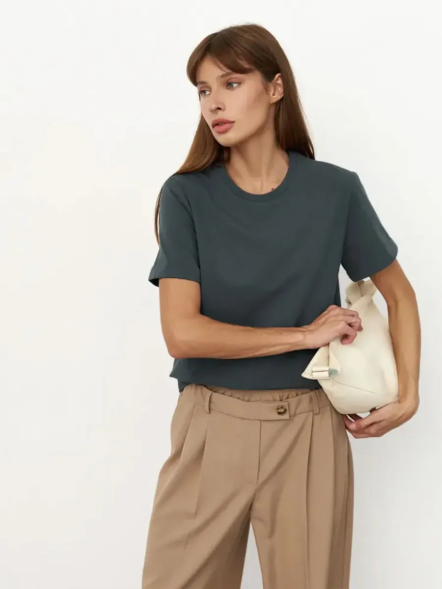 Wolfeel Summer 100% Cotton Women's T-shirt Bottoming Basic Fashionable Solid Lady Short Sleeve Loose Tops Shirts 230g/㎡ Tops