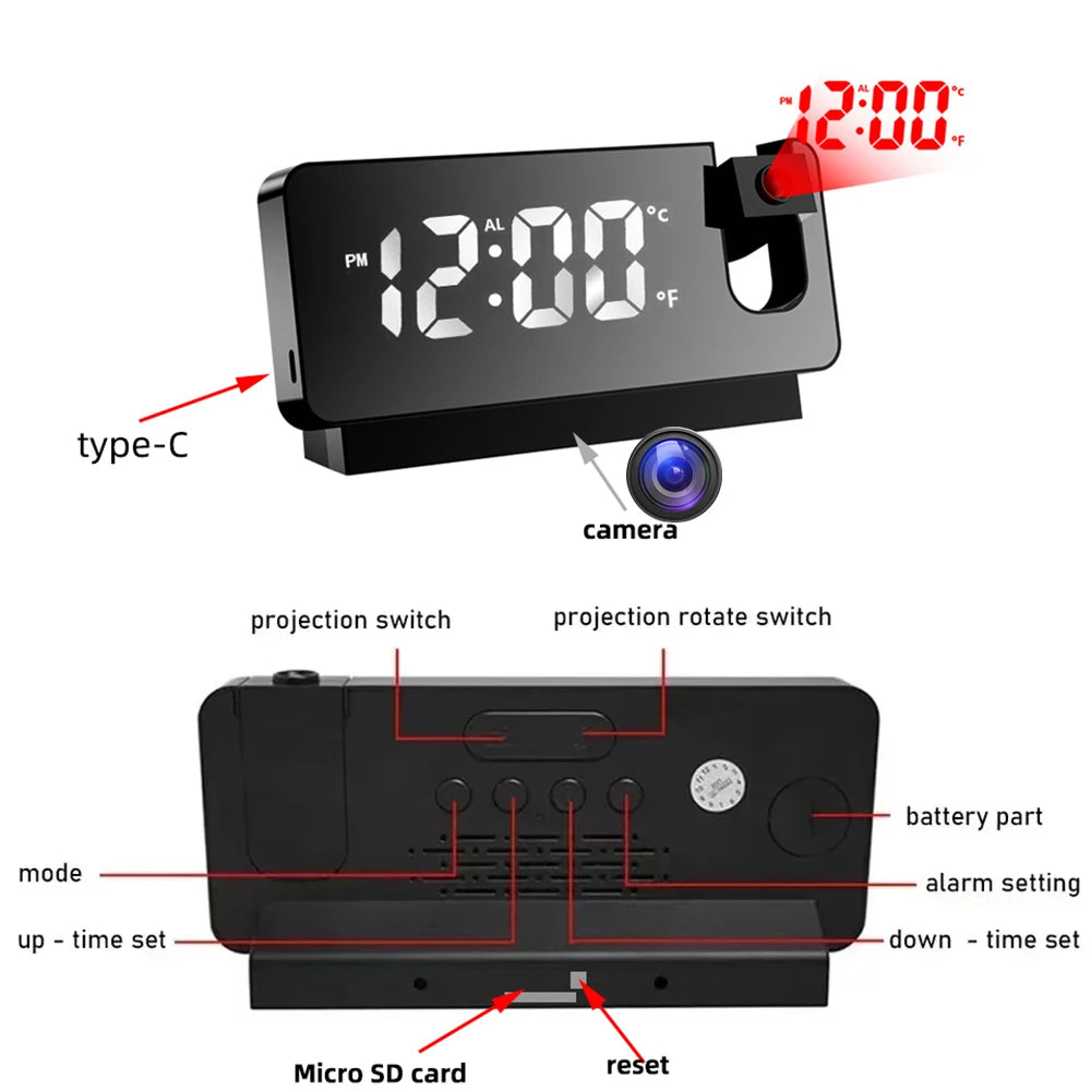 HD 4K Mini Projection Clock Camera Supports Motion Detection, WIFI Wireless Remote Viewing, Motion Detection, Home Camera